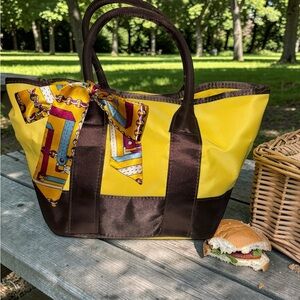 Yellow Nylon Picnic Tote Bag w/ Brown Trim & Scarf Accent Summer Casual